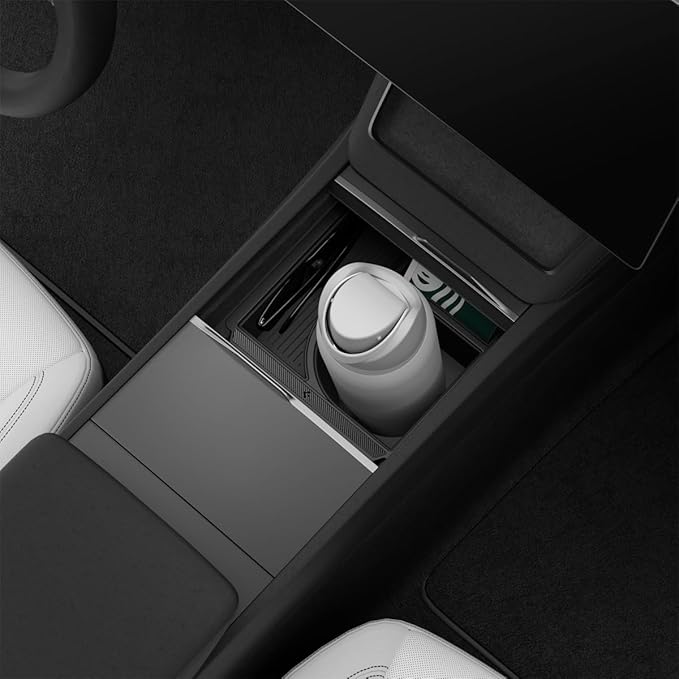 Spigen Center Console Organizer [Sliding Tray w/Intelligrip & Sunglass Holder] for 2025 2026 Tesla Model Y Juniper Accessories, Cup Holder Expander for 32oz 40oz Owala, Hydro Flask, Yeti, & More