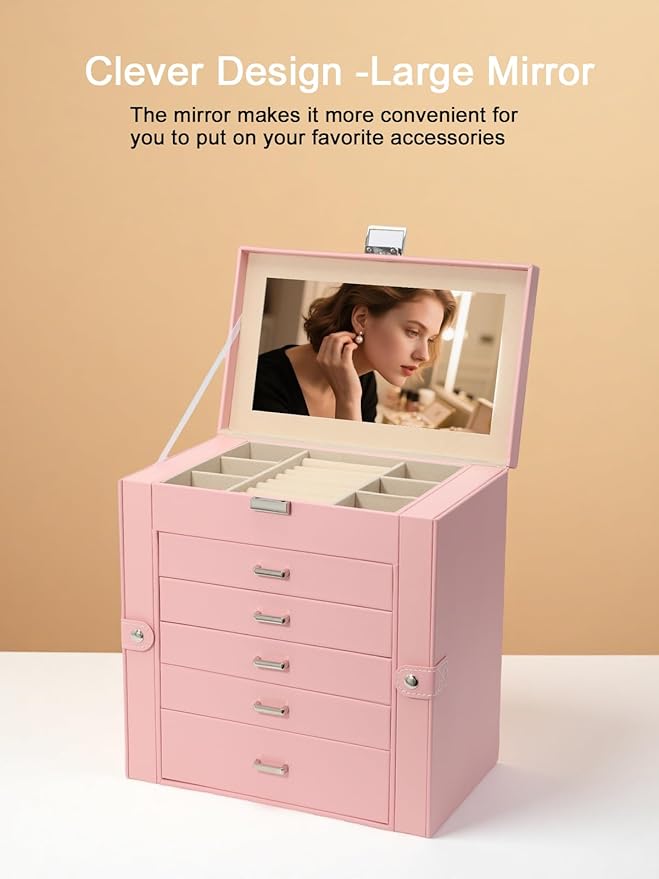 BOOVO Jewelry Box For women, 6 Layer Large Jewelry Organizer With Mirror, Multi-Function Storage Box With Lock, Necklace Hold