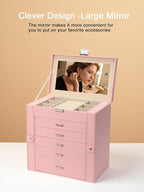BOOVO Jewelry Box For women, 6 Layer Large Jewelry Organizer With Mirror, Multi-Function Storage Box With Lock, Necklace Hold