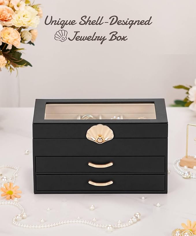 Enthralite Jewelry Box with 2 Drawers: Display Organizer for Earrings Necklaces - Gifts for Girls Women (Black)