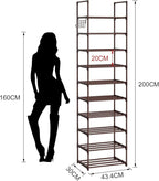 Tall 10 Tier Shoe Rack - 20-24 Pair Storage, Sturdy Metal Shoe Organizer with Hooks for Closet, Entryway, Brown