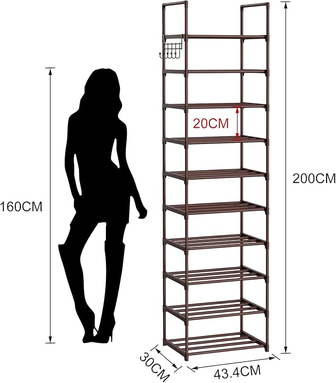 Tall 10 Tier Shoe Rack - 20-24 Pair Storage, Sturdy Metal Shoe Organizer with Hooks for Closet, Entryway, Brown