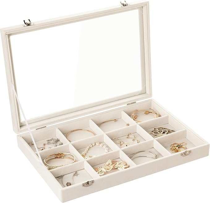 Frebeauty Velvet Jewelry Tray,12 Grid Jewelry Organizer with Clear Lid,Bracelets Holder,Jewelry Display Case with Clasp,Drawe