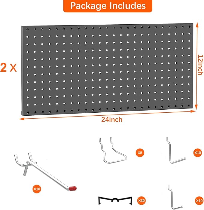 TORACK Metal Pegboard Wall Organizer 24" x 24" or 12" x 48", 70 PCS Tools Storage Pegboard for Garage Tool Organizer Peg Boar
