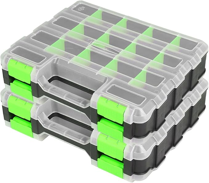 Jack Boss Tool Box with Transparent Lid, Double Side 34-Compartments Organizer Box with Removable Dividers for Hardware, Scre