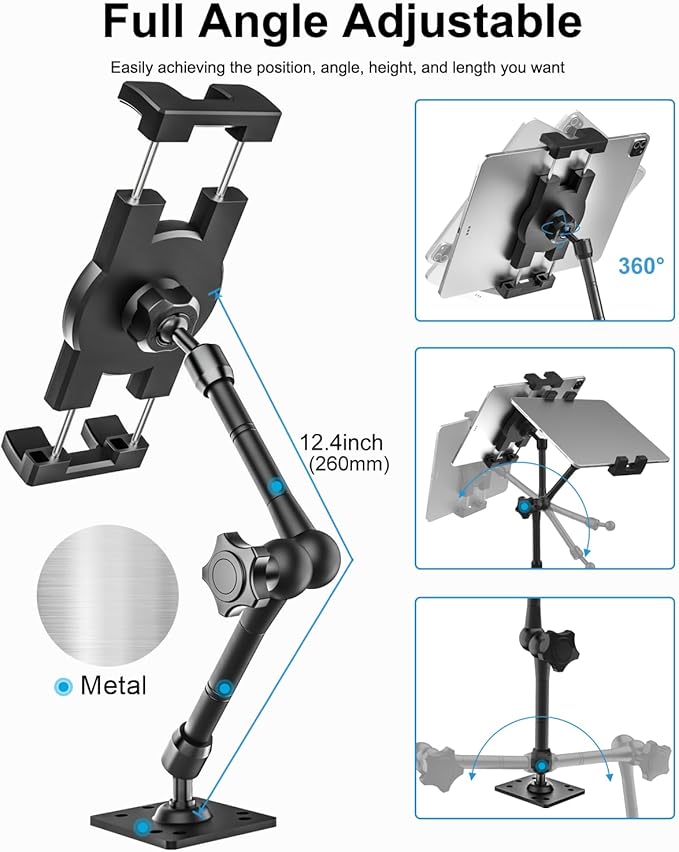 woleyi Drill Base Tablet Mount for Truck - [Metal Long Arm] Heavy Duty Truck Tablet Holder Dashboard Car Mount for Commercial Vehicles, Semi Trucks, for 4.7-13" iPad Pro, Air, Mini, Galaxy Tab, Z Fold