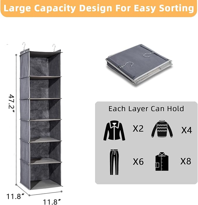 2 Packs Hanging Closet Organizer, 6-Shelf Closet Organizers and Storage with Side Pockets, Collapsible Hanging Shelves for Cl