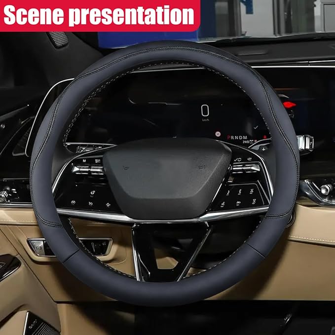 Craedli 14.5-15 Inch Leather Car Steering Wheel Cover, Non-Slip Breathable Auto Steering Wheel Protector Cover, Universal Veh
