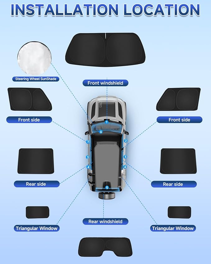 8PCS Window Shades for Ford Bronco(2021-2025) Accessories – Full Coverage Sun Shade for Side Windows, Rear Triangular & Windshield – UV Protection & Privacy for Camping, Napping, Relaxing