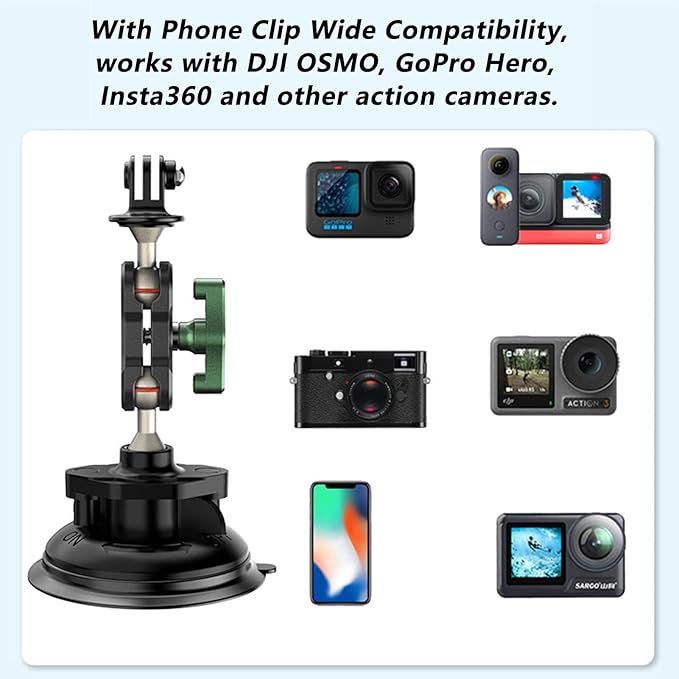 REYGEAK Aluminum Alloy Car Suction Cup Camera Mount,with Phone Holder with 1/4 Thread,Windshield Vehicle Attach for GoPro Hero13/12/11/10/9 Black DJI Pocket 3/Action 5/4,Insta360 X4/X3 Accessories