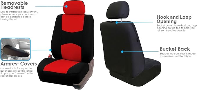 FH Group Car Seat Covers Flat Cloth Automotive Red Full Set, Rear Solid Bench Universal Fit Combo Steering Wheel Cover & Seat Belt Pads Car Seat Protector for Cars Trucks SUV Interior Accessories