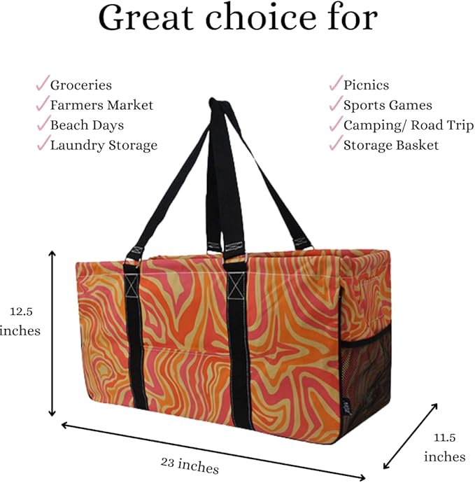 NGIL Extra Large Utility Tote Reusable Grocery Bag Oversized Collapsible for Groceries, Storage, Picnic, Beach (Retro World-black)