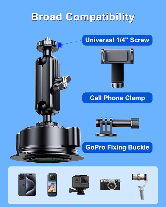 Suction Car Phone Mount Windshield,Ultra-Stable 360 Rotatable Car Phone Holder for Video Recording Sunction Mount,Car Mount for iPhone 16 Pro Max GoPro Insta 360 Camera Vlog Shooting Filming