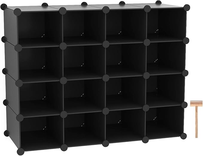 C&AHOME Plastic Shoe Rack,16-Cube Modular Shoes Storage Stand, Multifunction Closet Cabinet, Stackable Shoe Organizer Units f