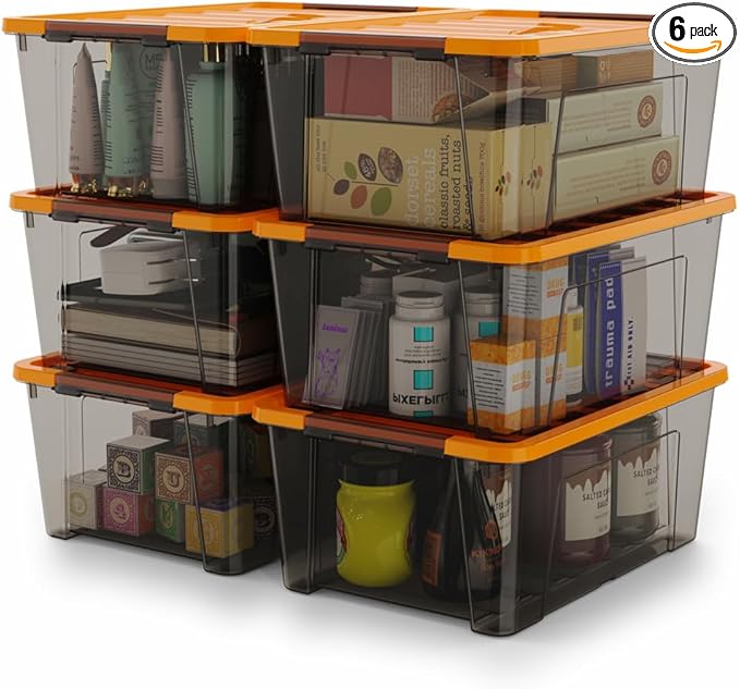 WYT 5-Quart Small Storage Container Bin with Orange Secure Lid and Black Clear Latch Buckles, Durable Plastic Stackable Nesta