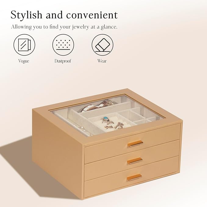 Jewelry Box with Glass Lid, 3-Layer Jewelry Organizer for Women Girls, PU Leather Display Case with 20-Grid Earring Tray & Mo