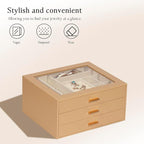 Jewelry Box with Glass Lid, 3-Layer Jewelry Organizer for Women Girls, PU Leather Display Case with 20-Grid Earring Tray & Mo