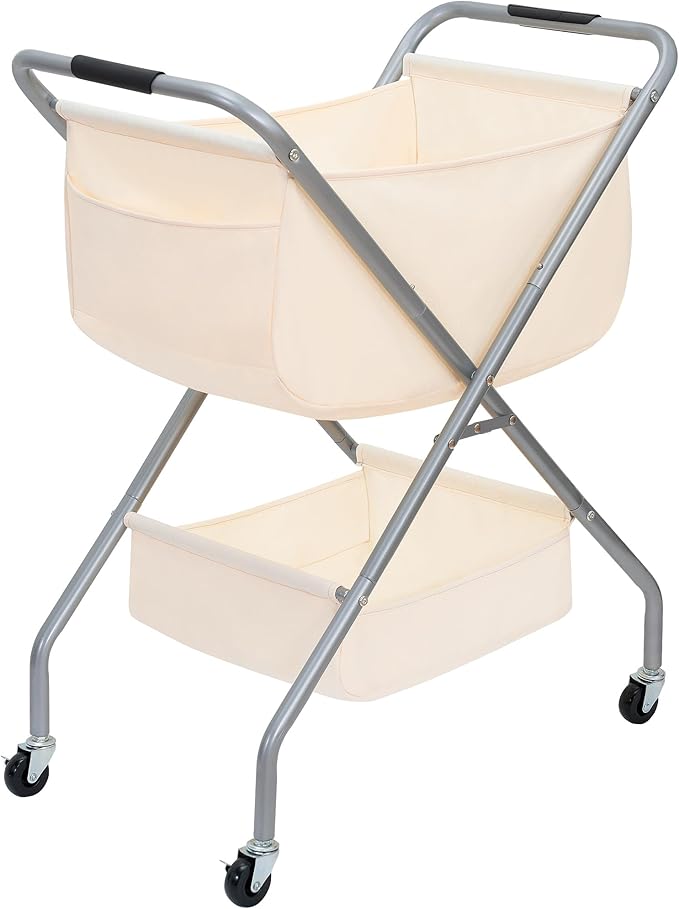 STORAGE MANIAC Collapsible Laundry Cart with Wheels 31.5"H Rolling Laundry Hamper Clothes Basket with Wheels, Canvas Liner St