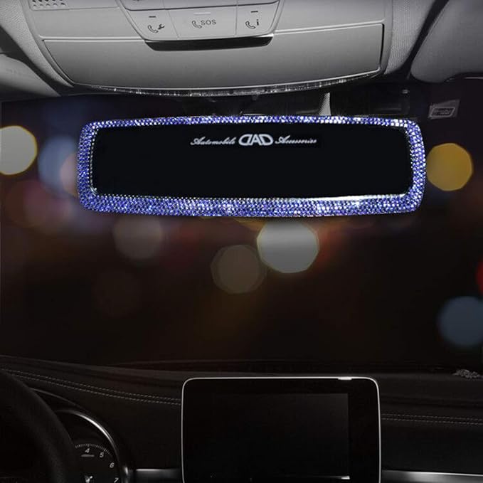 BlingSHD Bling Rhinestone Rear View Mirror With Crystal Diamonds - Car Accessories for Women - Blue