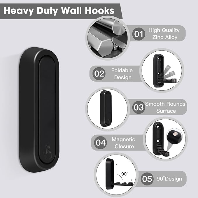 Dntorx Folding Coat Hooks, 6 Pcs Foldable Black Wall Hooks Heavy Duty Foldable Hook Bathroom Towel Hooks Robe Hooks Wall Moun