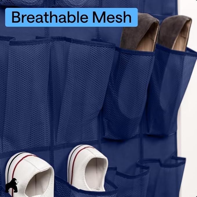 GORILLA GRIP Over the Door Shoe Organizer, 24 Large Breathable Mesh Pockets, Space Saving Hanging Storage Holder, Closet Rack