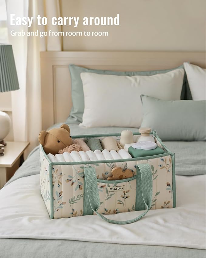 Blissful Diary Leaf Diaper Caddy Organizer, Stylish Nursery Storage Basket, Gift for Baby Shower, Newborn Essentials, Sage Le