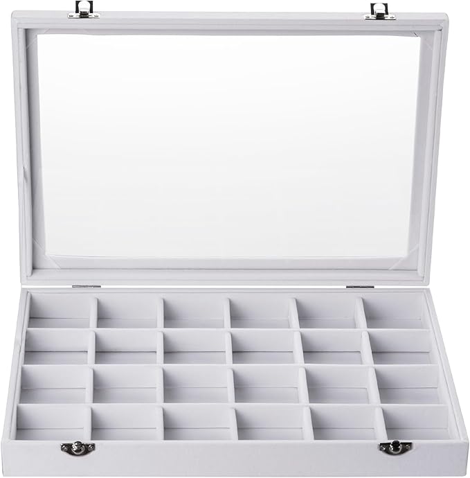 Frebeauty Velvet Jewelry Tray,24 Grid Jewelry Organizer with Clear Lid,Earring Holder Organizer with Clasp,Drawer Insert Ring