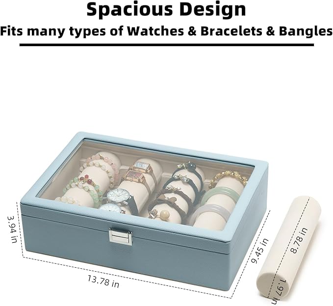 Bracelets Organizer Rods Bangles Display Holder, Clear See through Lid Leather Velvet Jewelry Storage Box Case for Women, 4 R