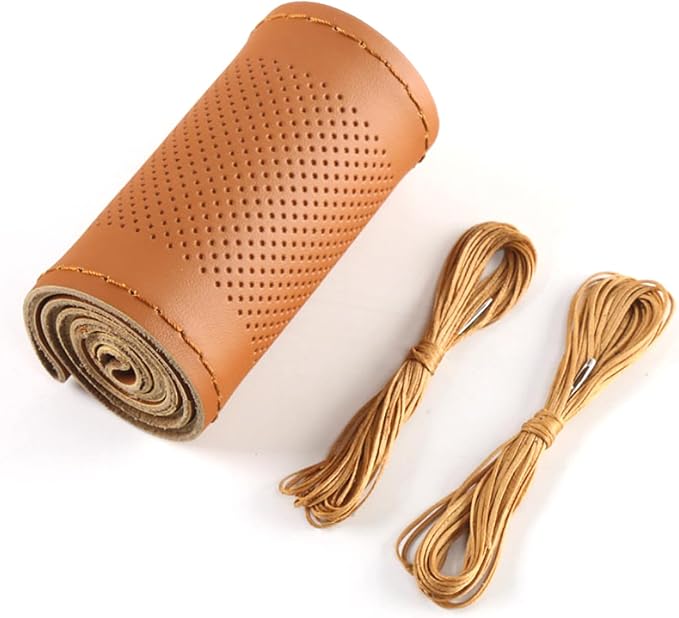 Pack-1 Leather Steering Wheel Cover, Universal Non-Slip Stitch On Wrap, DIY Car Wheel Cover Protector with Needle and Thread 