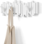 Umbra Sticks Wall-Mounted Coat Rack Rail Hook with 5 Retractable Pegs – Modern, Space-Saving Storage Organizer, White