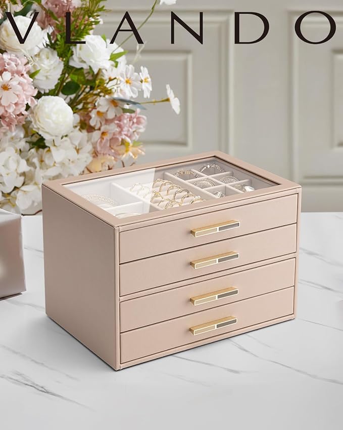 VLANDO 4 Layer Jewelry Box for Women, Mothers Day Gifts for Women, Glass Lid Jewelry Organizer with 4 Drawers for Necklaces R