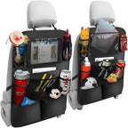 2PCS Car Seat Back Organizer, Waterproof Vehicle Storage Bag with Touch Screen Tablet Holder & 9 Pockets, Auto Kick Mats Back Seat Protector for Kids, Universal Travel Accessories (Black/Large)