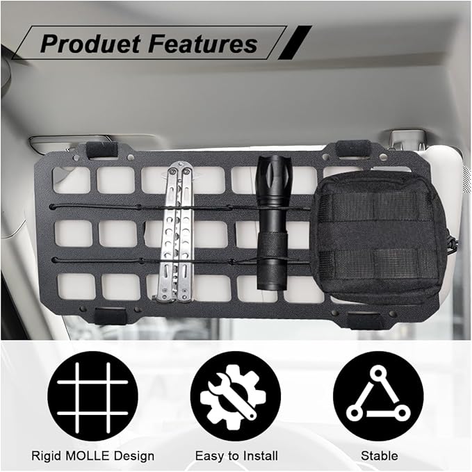 Vehicle Rigid MOLLE Panel, Car Sun Visor Organizer Tactical Gear Rack, EDC Pouch Tool Holster Truck Equipment Mount Plate, Auto Interior Modular Storage Shelf Accessories (Visor Panel)