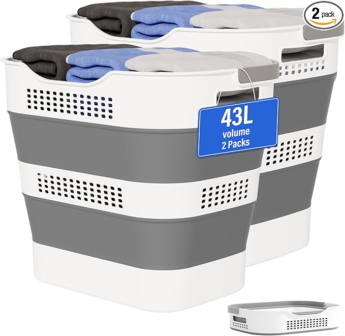 OOAMBB 43L+43L Collapsible Laundry Baskets plastic, Pop Up Laundry hamper/Storage Container, Foldable Laundry Basket with Han