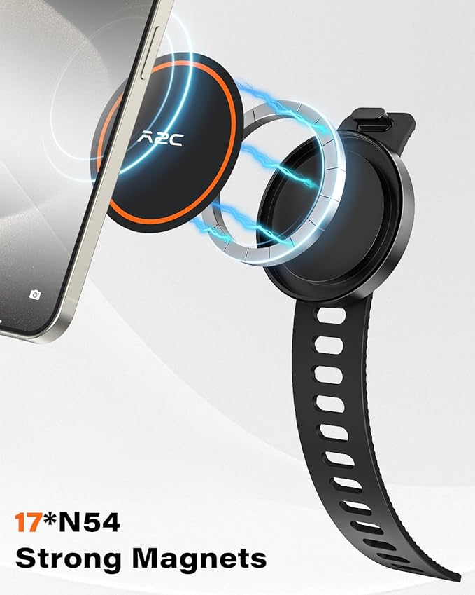 A2C Gym Fitness Phone Mount for MagSafe - 17 N54 Strong Magnets Stable and Secure Phone Mount with Adjustable Strap, 3-in-1 Mount for Gym Equipment, Stroller, Treadmill, Peloton Exercise Bikes