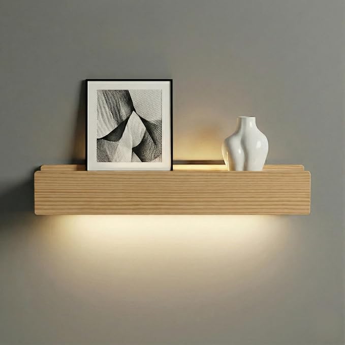 24" Natural Wood LED Floating Shelf, Heavy Duty Solid Pine Decorative Wall Mounted Shelf with Soft Ambient Lights, Minimalist