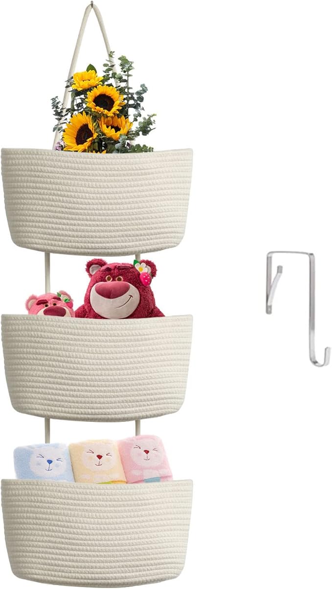 TeoKJ Over the Door Hanging Basket, 3-Tier Woven Cotton Wall-Mounted Storage Organizer Bag Decorative Hanging Nursery Baskets