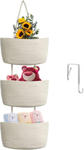 TeoKJ Over the Door Hanging Basket, 3-Tier Woven Cotton Wall-Mounted Storage Organizer Bag Decorative Hanging Nursery Baskets