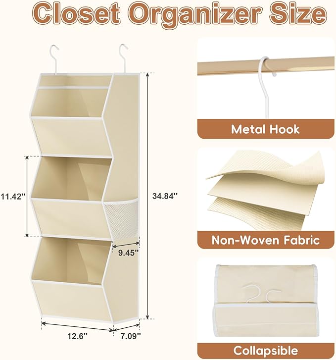 Hanging Closet Organizer 3 Shelf Collapsible Fabric Closet Organizers and Storage Hanging with Mesh Pocket for Clothes, Hangi