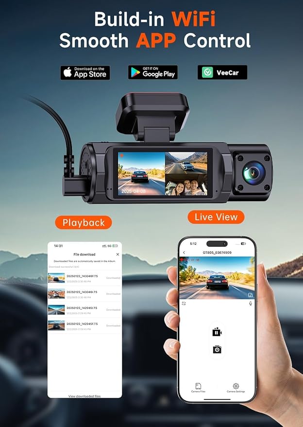 4K 3 Channel Dash Cam Front and Rear Inside, Dash Camera for Cars WDR Night Vision, 2 Inch IPS Screen WiFi App Control, 24H P