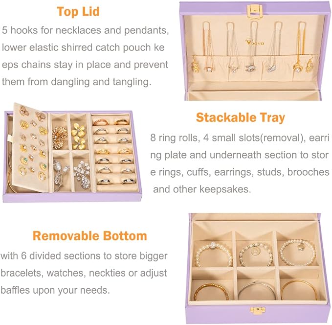 Voova Jewelry Box Organizer for Women Girls, 2 Layer Large Men Jewelry Storage Case, PU Leather Display Jewellery Holder with