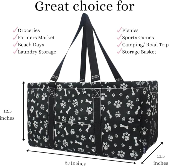 NGIL Extra Large Utility Tote Reusable Grocery Bag Oversized Collapsible for Groceries, Storage, Picnic, Beach (Printed Paws-Black)