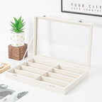 Coward Sunglass Organizer Tray Box, Beige Velvet Grids Eyeglasses Display Tray Case with Transparent Glass Lid for Home Use o