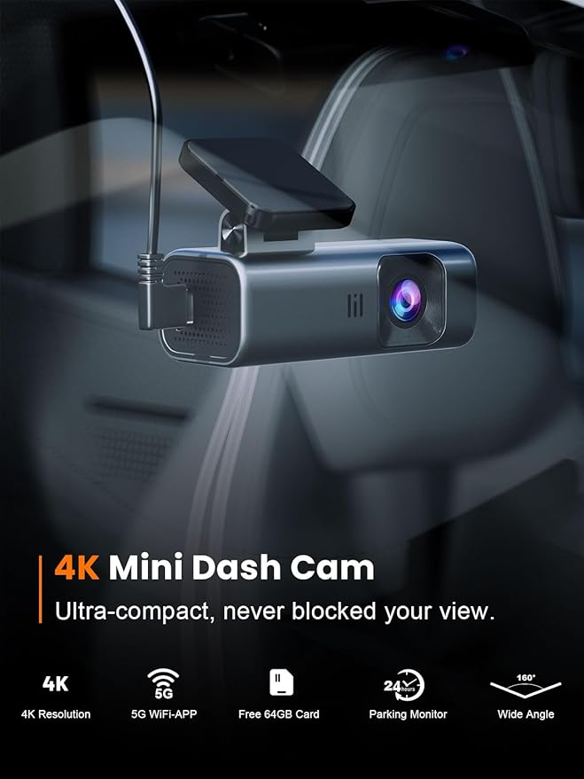 4K Dash Cam Front, Built-in 5G WiFi, 64GB Card Included, Dash Camera for Cars, Mini Dashcam with Super Night Vision, Loop Rec