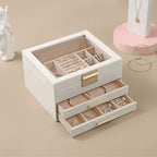 Somduy Jewelry Box Organizer for Women,3 Layers PU Leather Jewelry Storage Display Box with Glass Lid,Gift for people,3 Drawe