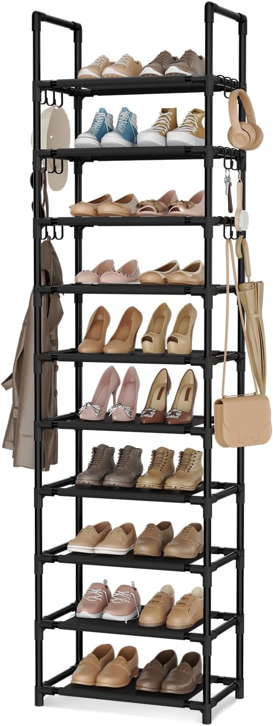 VTRIN 10 Tiers Tall Shoe Rack Holds 20-25 Pairs of Shoes Sturdy Vertical Shoe Organizer with 18pcs Hooks Stackable Narrow Sho