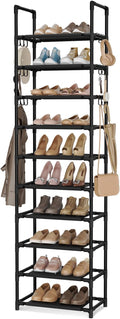 VTRIN 10 Tiers Tall Shoe Rack Holds 20-25 Pairs of Shoes Sturdy Vertical Shoe Organizer with 18pcs Hooks Stackable Narrow Sho