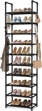 VTRIN 10 Tiers Tall Shoe Rack Holds 20-25 Pairs of Shoes Sturdy Vertical Shoe Organizer with 18pcs Hooks Stackable Narrow Sho