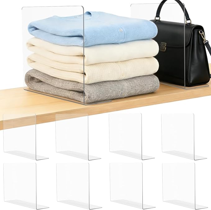 Shelf Dividers for Closet Organization: 12" Tall x 12" Deep Acrylic Shelf Dividers for Clothes Sweater Purse - Clear Closet O