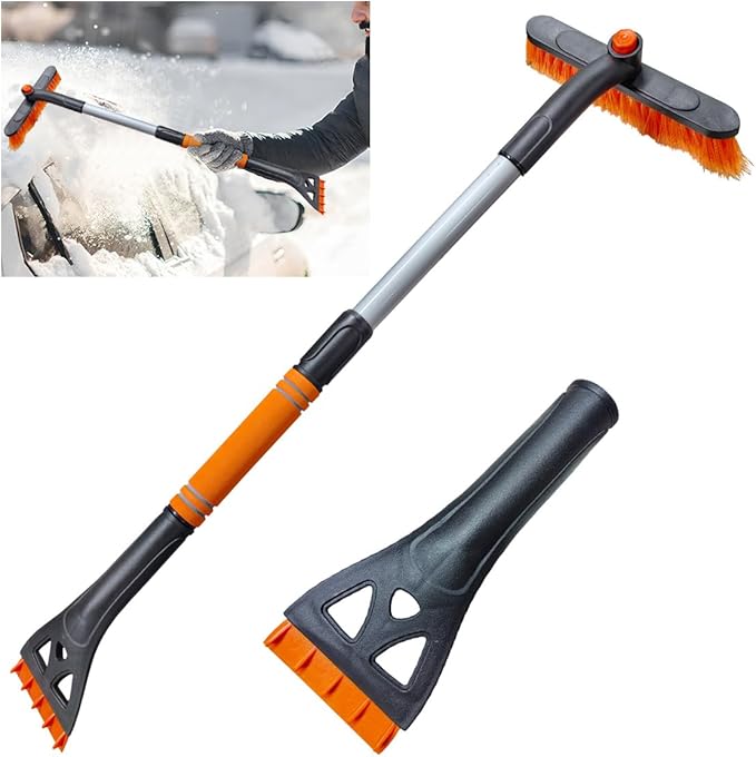 31.5" Detachable Snow Brush and Ice Scraper for Car Windshield, 2-in-1 Winter Snow Removal Tool with Extendable, 360° Rotating Soft Bristle Brush Head and Foam Grip for Most Vehicles (Orange)